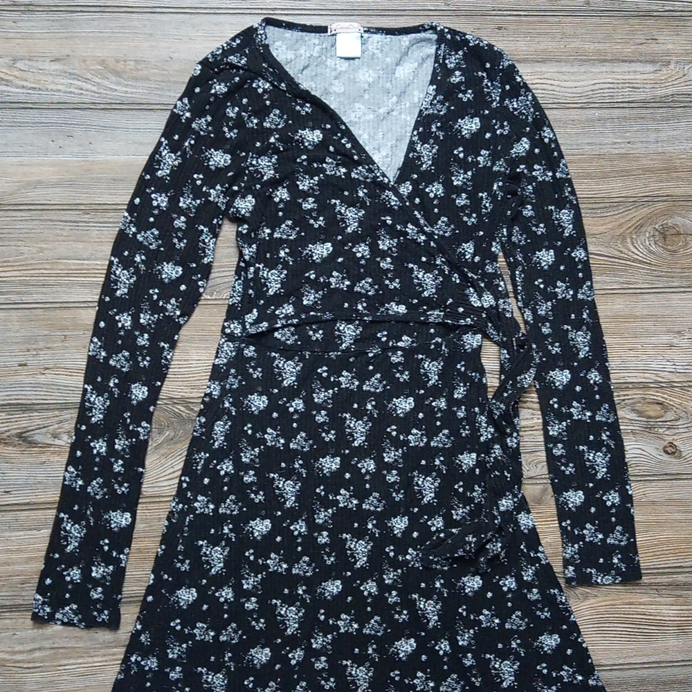 Floral Ribbed Lightweight Flowy Fitted Long Sleeve Faux Wrap Detail Dress